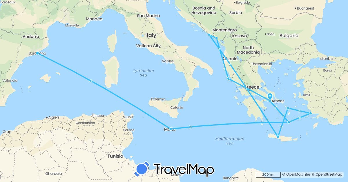 TravelMap itinerary: driving, boat in Spain, Greece, Croatia, Montenegro, Malta, Turkey (Asia, Europe)